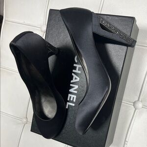 CHANEL Black Satin Heels with Glitter Detail